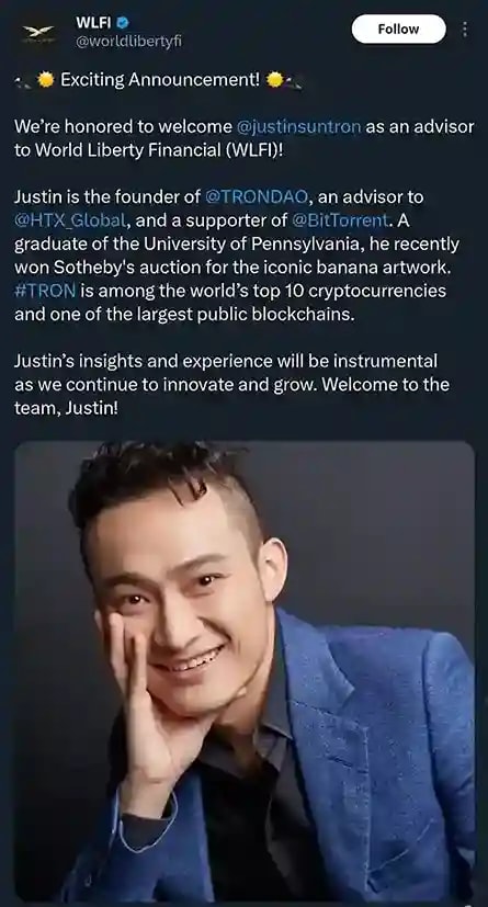 Tweet from World Liberty Fi's official X account, announcing Justin as an advisor