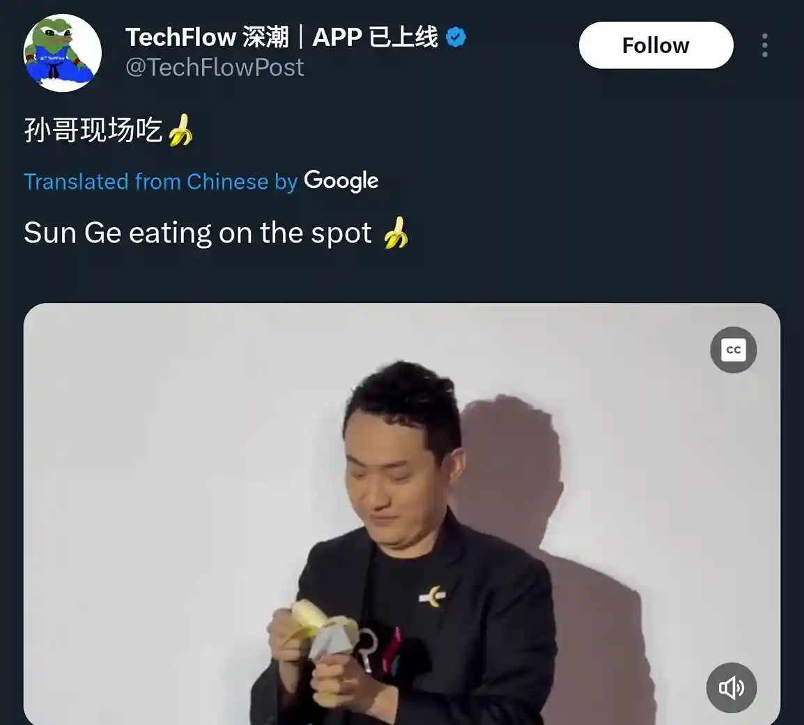 Tweet from Techflow about Justin Sun eating banana that he bought for millions