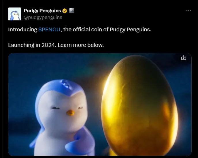 Tweet from Pudgy Penguins X account