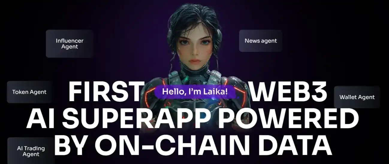 A screenshot from Laika AI website front page showing its MOTTO: First Web3 AI SuperApp powered.