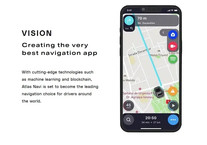 A screenshot from Atlas Navi front page showing their vision: "Creating the very best navigation app".