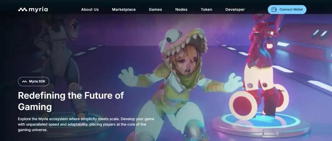 A screenshot from Myria official website showing its MOTTO: Redefining the Future of Gaming.