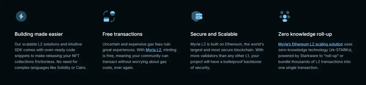 A screenshot from the website showing the different features of Myria like Free transactions, secure and scalable.