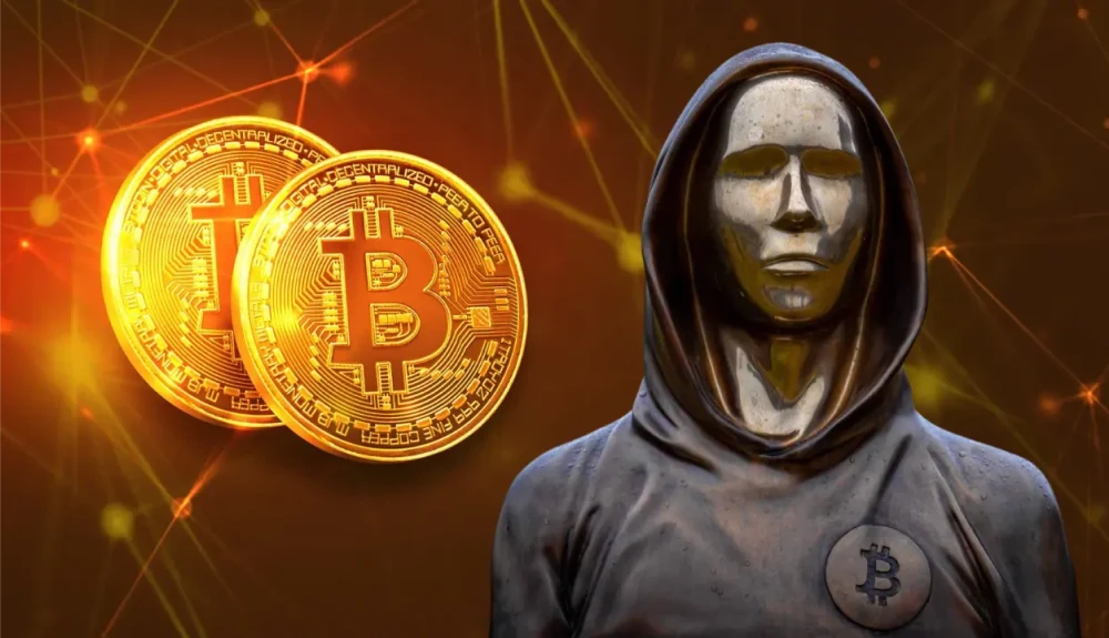 Satoshi Nakamoto Statue and Bitcoin Logo