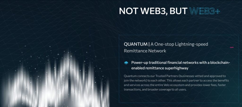 A screenshot from Velo finance website showing one of its features "Quantum Remittance Network.