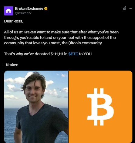 Kraken supports Ross Ulbricht with Bitcoin