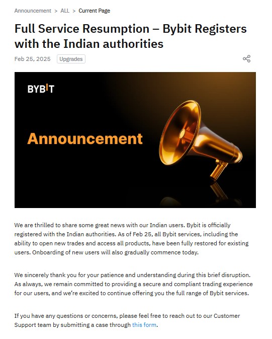 Bybit Resumes Full Operations in India