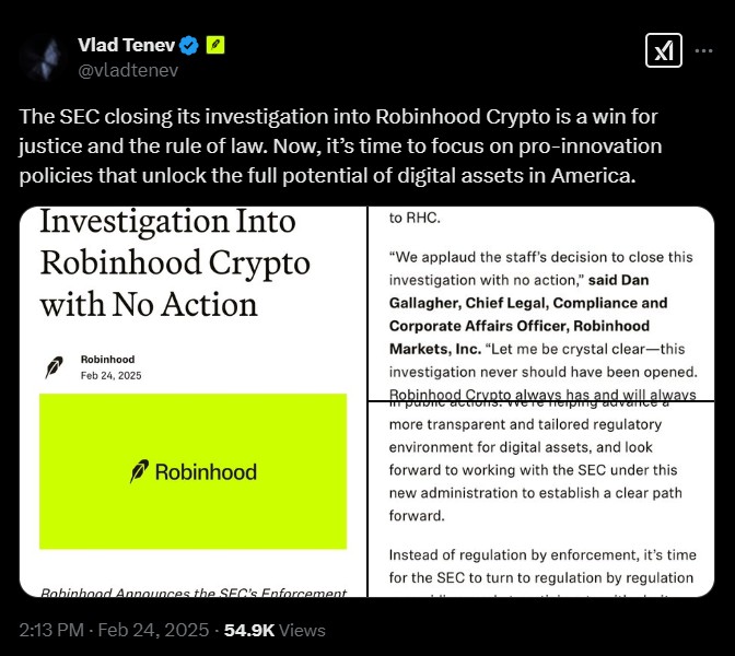 Robinhood exec applauds SEC's crypto investigation end