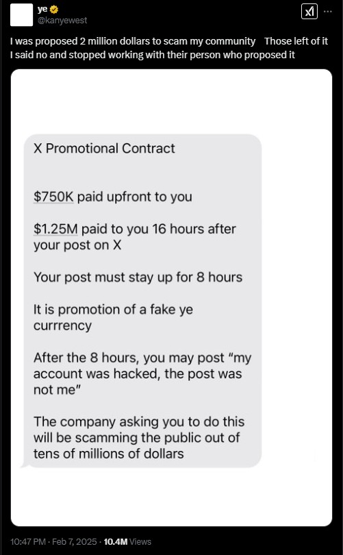 Ye calls out scam attempt