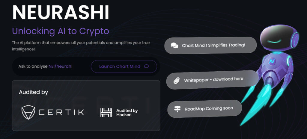 A screenshot from the website showing NEI motto: Unlocking AI to crypto.