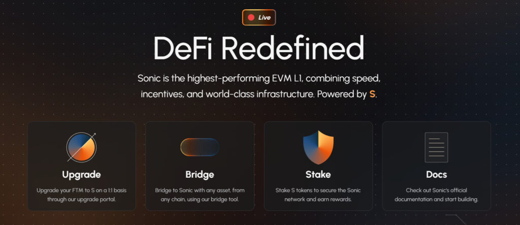 A screenshot from Sonic website front page showing its MOTTO: Defi Redefined