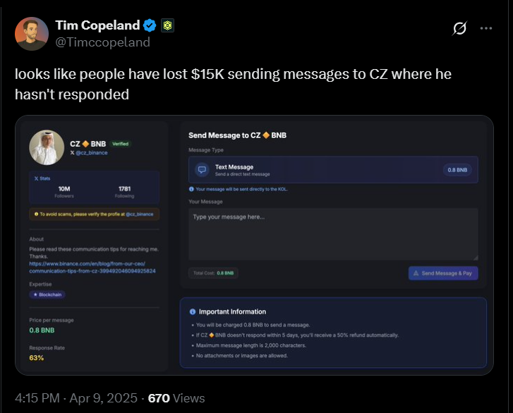Fans lose $15K as CZ ignores messages