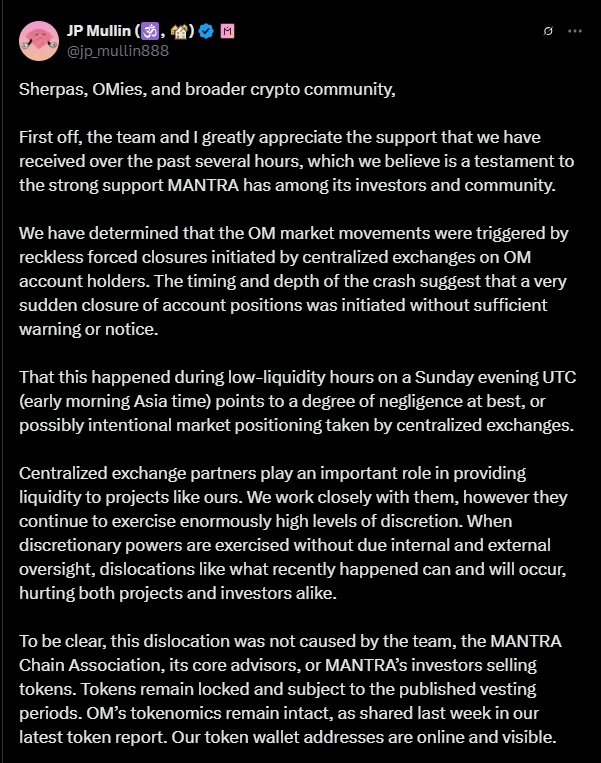 Mantra Co-founder claims negligence led to token crash.