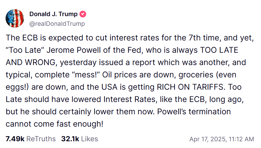 Trump's tweet on Powell and interest rates