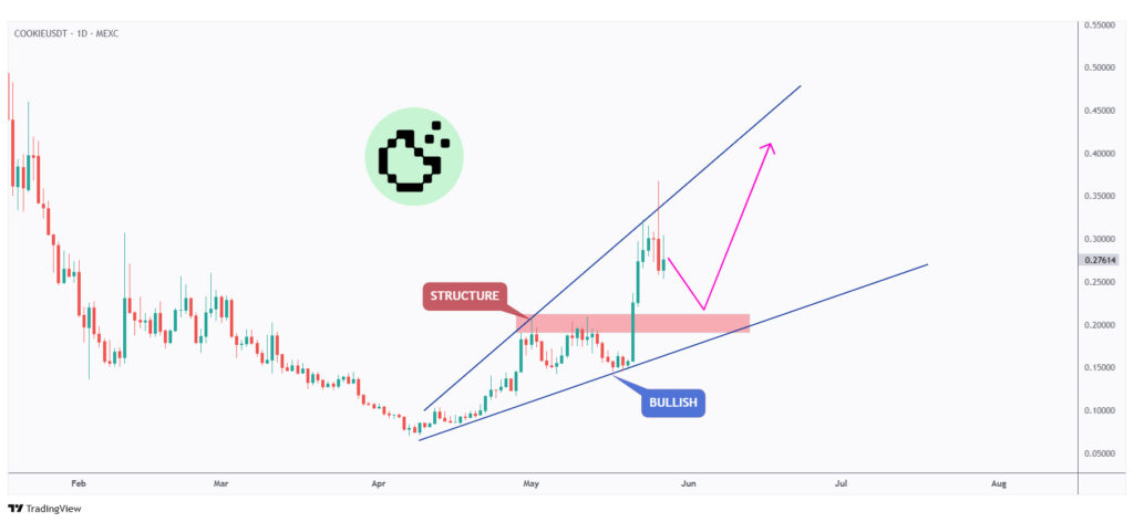 COOKIE daily chart overall bullish trading within a rising wedge pattern and retesting a strong structure at $0.2.