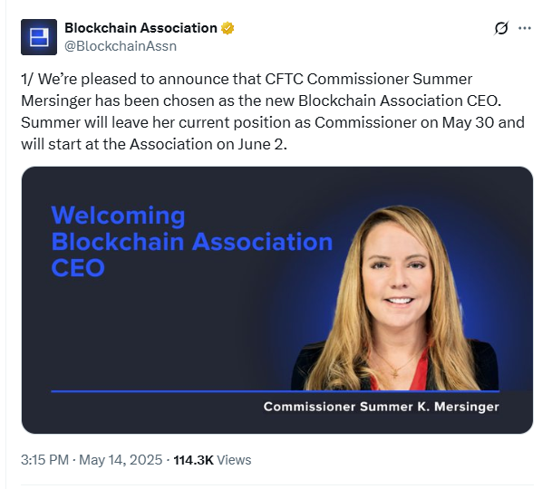 CFTC's Summer Mersinger, new CEO announcement