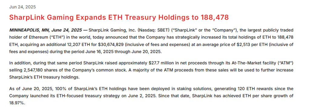 SharpLink Expands ETH Holdings to 188,478.