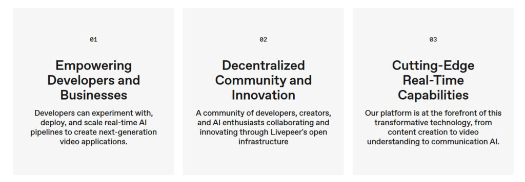 A screenshot from Livepeer website showing its features like: Empowering developers, Decentralized community and Cutting-Edge capabilities.