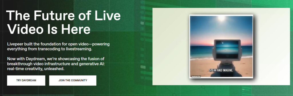 Livepeer front page showing its motto: The Future of Live Video is here!