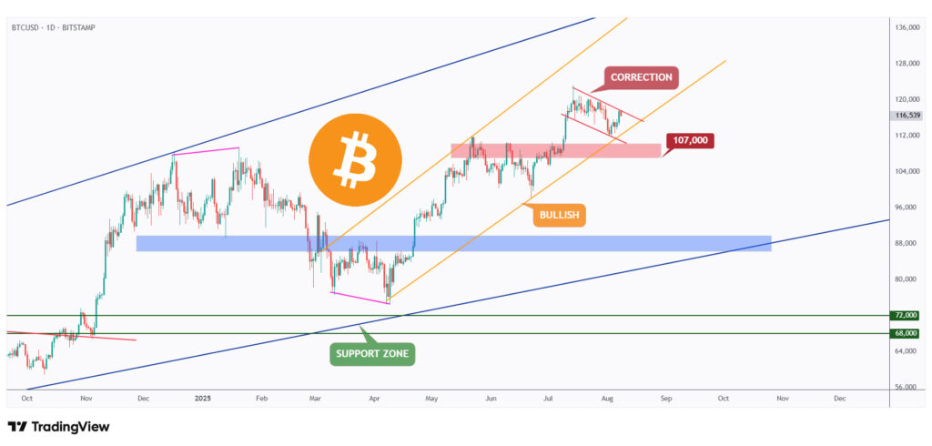 BTC daily chart overall bullish as long as it is trading above $107,000.