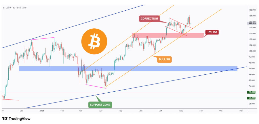 BTC daily chart overall bullish as long as the structure at $110,000 holds.