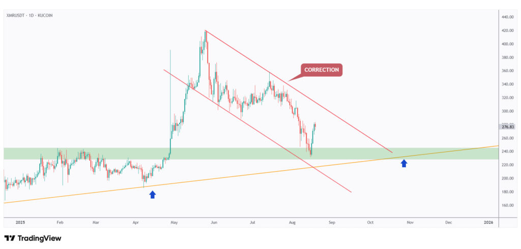 XMR daily chart rejecting a strong support at $250.
