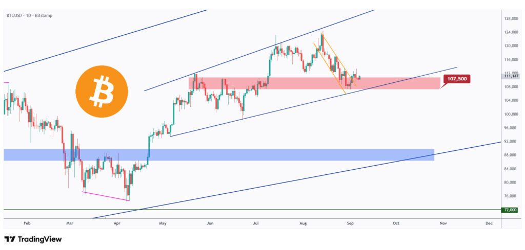 BTC daily chart overall bullish trading within the rising channel.