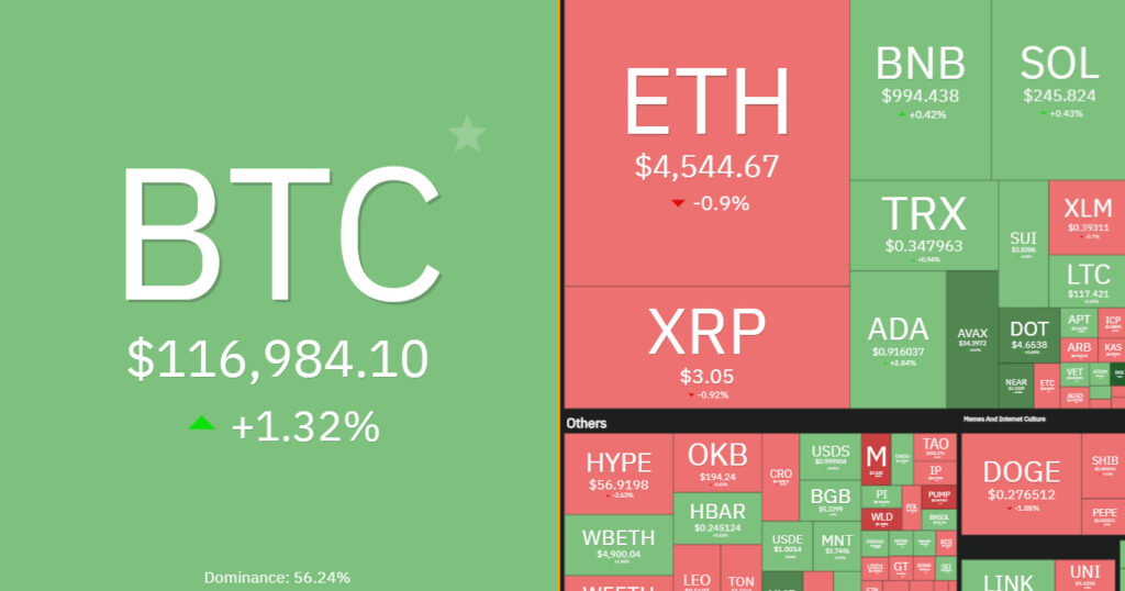 7 days crypto heatmap showing overall bullish momentum