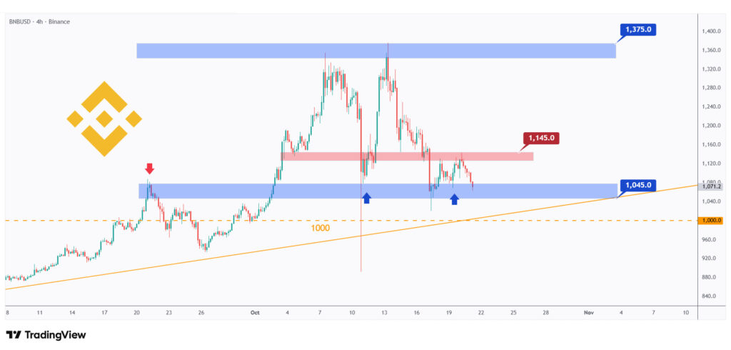 BNB 4h chart rejecting a strong support at $1,050.