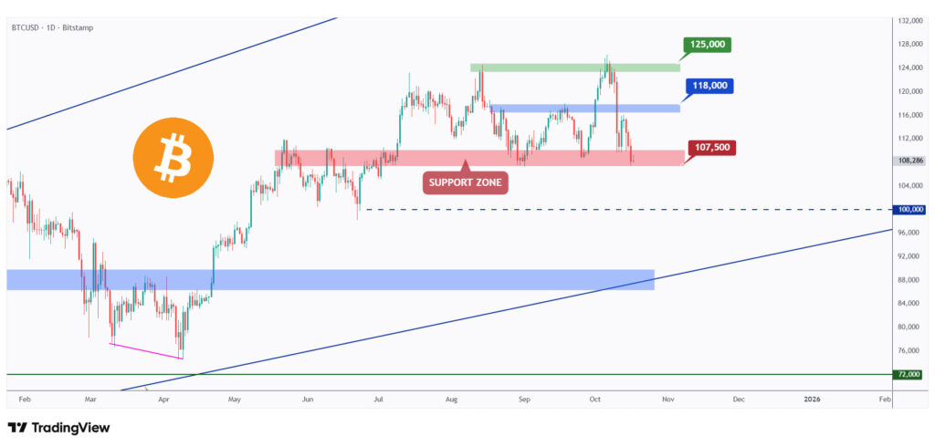 BTC daily chart overall bullish as long as the $107,000 support level holds.