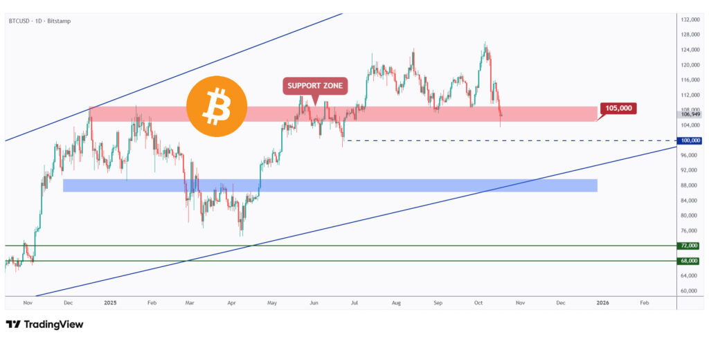 BTC daily chart rejecting a strong support at $105,000.