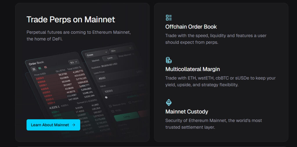 A screenshot from the website showing how it works from Offchain order book and mainnet custody.