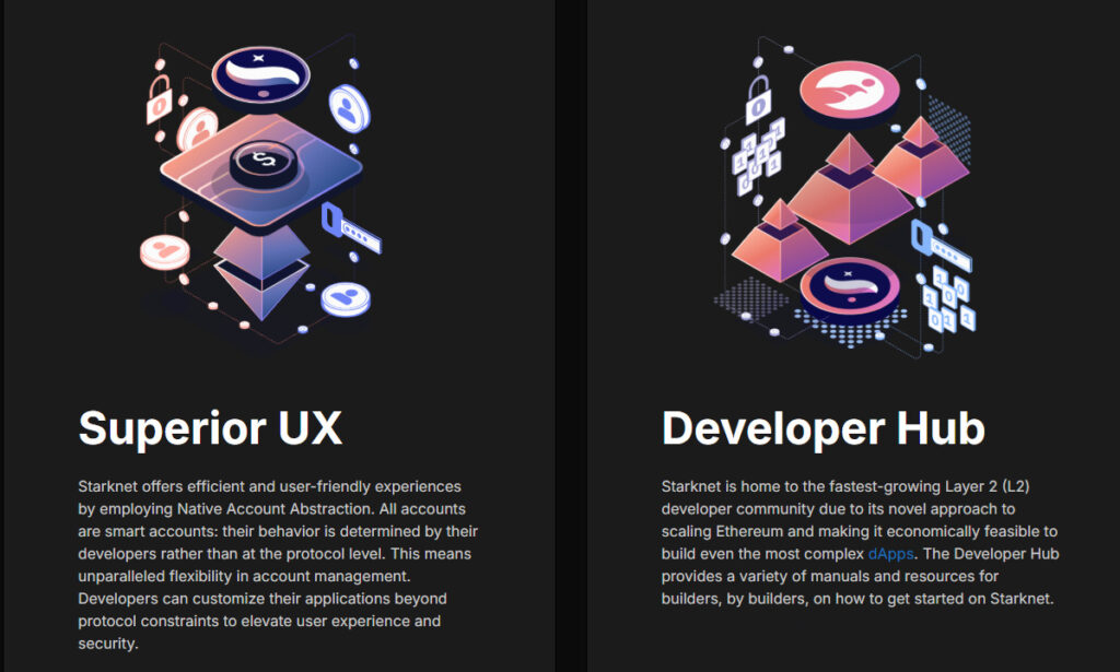 A screenshot from STRK website showing its features like: Superior UX, and Developer Hub.