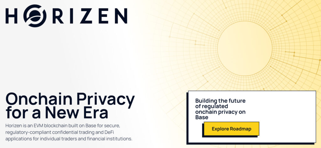 A screenshot showing the front page of Horizen and its MOTTO: OnChain privacy for a new Era.