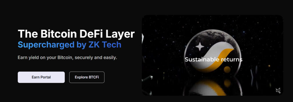 A screenshot from STRK website showing its MOTTO: The bitcoin defi layer supercharged by ZK tech.