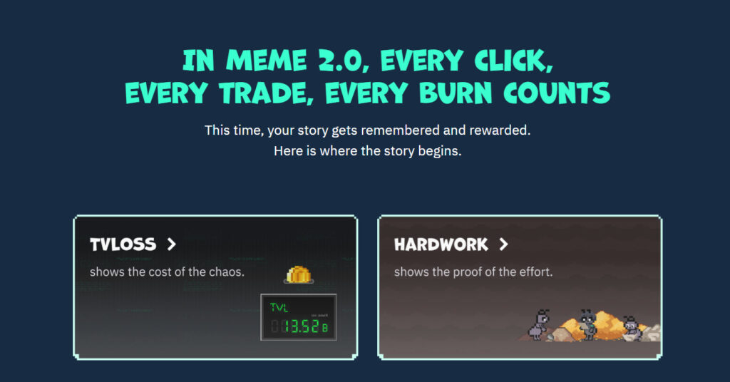 A screenshot from Memecore website showing how it works: Every click, every trade, every burn counts